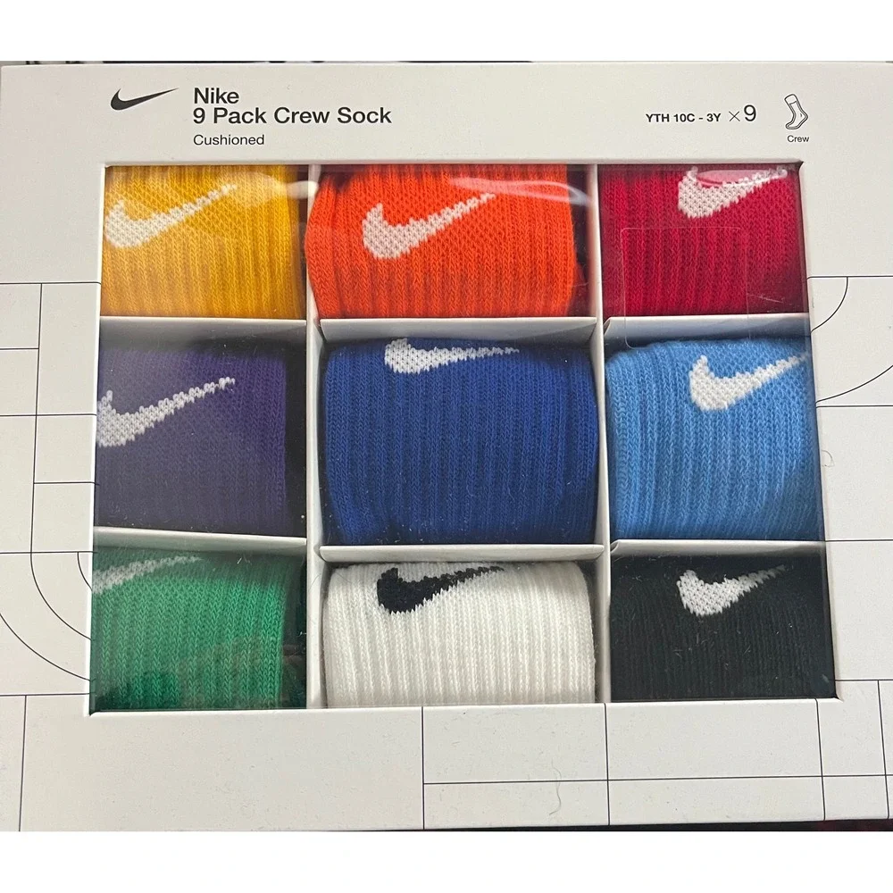 Nike Youth 9 Pack Crew‎ Socks Cushioned Multi Color Size 10C-3Y Athletic  BinB